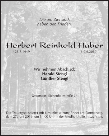 Traueranzeige von Herbert Reinhold Haber von Pegnitz-Zeitung