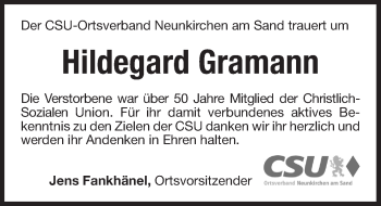 Traueranzeige von Hildegard Gramann von Pegnitz-Zeitung