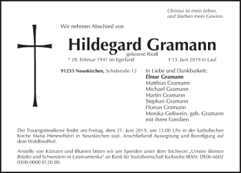 Traueranzeige von Hildegard Gramann von Pegnitz-Zeitung
