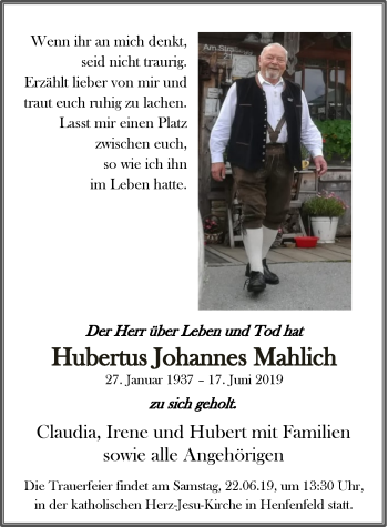 Traueranzeige von Hubertus Johannes Mahlich von Hersbrucker Zeitung