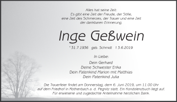 Traueranzeige von Inge Geßwein von Pegnitz-Zeitung
