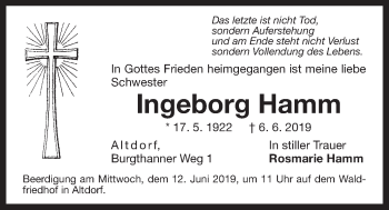 Traueranzeige von Ingeborg Hamm von Der Bote