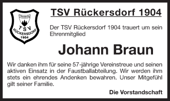 Traueranzeige von Johann Braun von Pegnitz-Zeitung