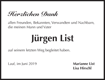 Traueranzeige von Jürgen List von Pegnitz-Zeitung
