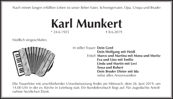 Traueranzeige von Karl Munkert von Pegnitz-Zeitung