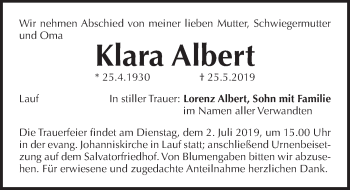 Traueranzeige von Klara Albert von Pegnitz-Zeitung