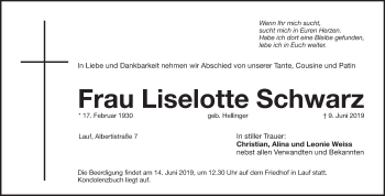 Traueranzeige von Liselotte Schwarz von Pegnitz-Zeitung