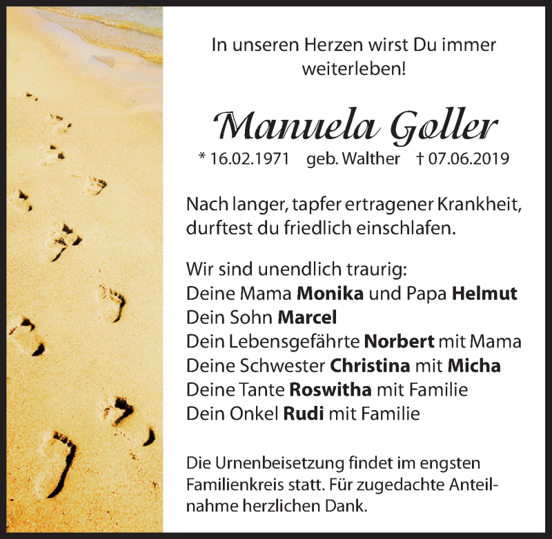  Traueranzeige für Manuela Goller vom 12.06.2019 aus Hersbrucker Zeitung