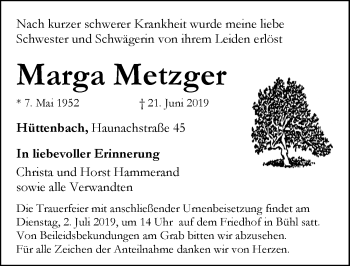 Traueranzeige von Marga Metzger von Pegnitz-Zeitung