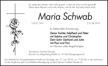 Traueranzeige von Maria Schwab von Hersbrucker Zeitung