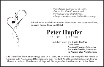 Traueranzeige von Peter Hupfer von Der Bote