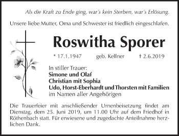 Traueranzeige von Roswitha Sporer von Pegnitz-Zeitung