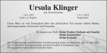 Traueranzeige von Ursula Klinger von Pegnitz-Zeitung