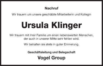 Traueranzeige von Ursula Klinger von Pegnitz-Zeitung