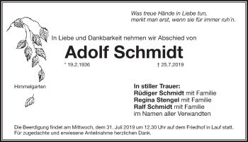 Traueranzeige von Adolf Schmidt von Pegnitz-Zeitung