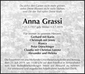 Traueranzeige von Anna Grassi von Pegnitz-Zeitung