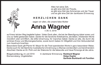 Traueranzeige von Anna Wagner von Der Bote