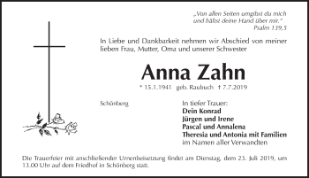 Traueranzeige von Anna Zahn von Pegnitz-Zeitung
