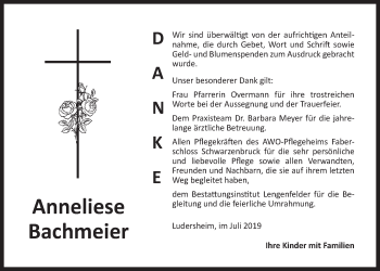 Traueranzeige von Anneliese Bachmeier von Der Bote