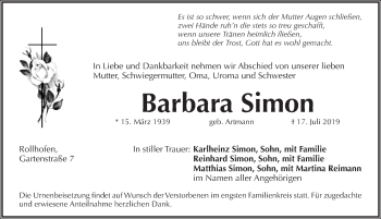Traueranzeige von Barbara Simon von Pegnitz-Zeitung