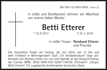 Traueranzeige von Betti Etterer von Pegnitz-Zeitung