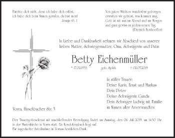 Traueranzeige von Betty Eichenmüller von Hersbrucker Zeitung