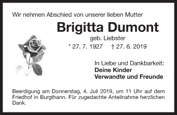 Traueranzeige von Brigitta Dumont von Der Bote