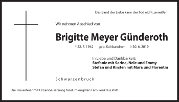 Traueranzeige von Brigitte Meyer Günderoth von Der Bote