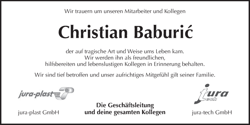  Traueranzeige für Christian Baburic vom 20.07.2019 aus Pegnitz-Zeitung