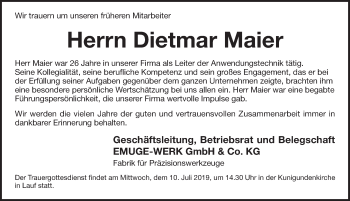 Traueranzeige von Dietmar Albert Maier von Pegnitz-Zeitung