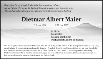 Traueranzeige von Dietmar Albert Maier von Pegnitz-Zeitung