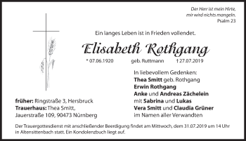 Traueranzeige von Elisabeth Rothgang von Hersbrucker Zeitung