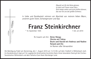 Traueranzeige von Franz Steinkirchner von Pegnitz-Zeitung