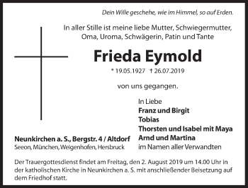 Traueranzeige von Frieda Eymold von Hersbrucker Zeitung