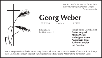 Traueranzeige von Georg Weber von Pegnitz-Zeitung