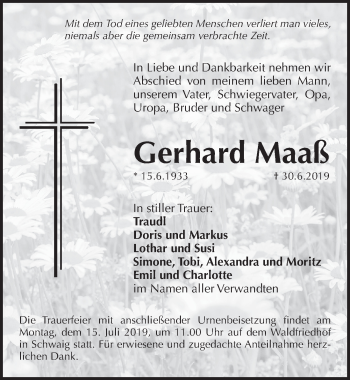 Traueranzeige von Gerhard Maaß von Pegnitz-Zeitung