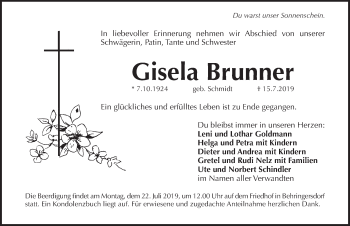 Traueranzeige von Gisela Brunner von Pegnitz-Zeitung