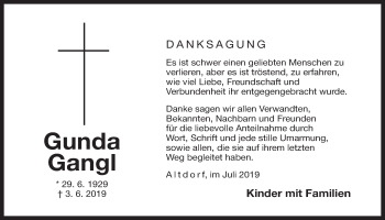 Traueranzeige von Gunda Gangl von Der Bote