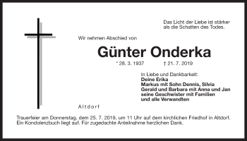 Traueranzeige von Günter Onderka von Der Bote