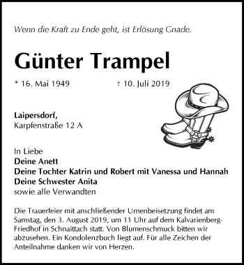 Traueranzeige von Günter Trampel von Pegnitz-Zeitung