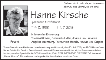 Traueranzeige von Hanne Kirsche von Der Bote