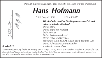 Traueranzeige von Hans Hofmann von Pegnitz-Zeitung