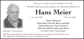 Traueranzeige von Hans Meier von Hersbrucker Zeitung