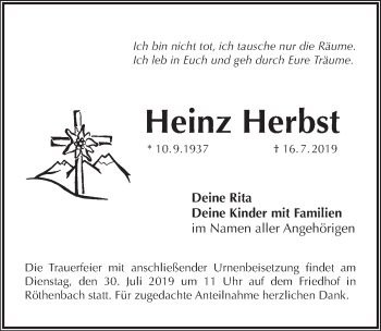 Traueranzeige von Heinz Herbst von Pegnitz-Zeitung
