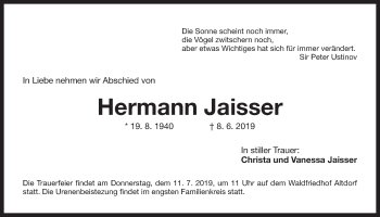 Traueranzeige von Hermann Jaisser von Der Bote