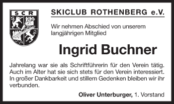 Traueranzeige von Ingrid Buchner von Pegnitz-Zeitung