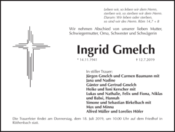 Traueranzeige von Ingrid Gmelch von Pegnitz-Zeitung