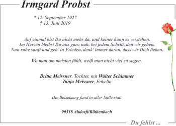 Traueranzeige von Irmgard Probst von Der Bote