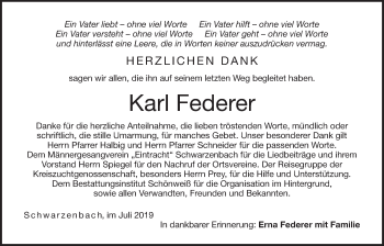 Traueranzeige von Karl Federer von Der Bote