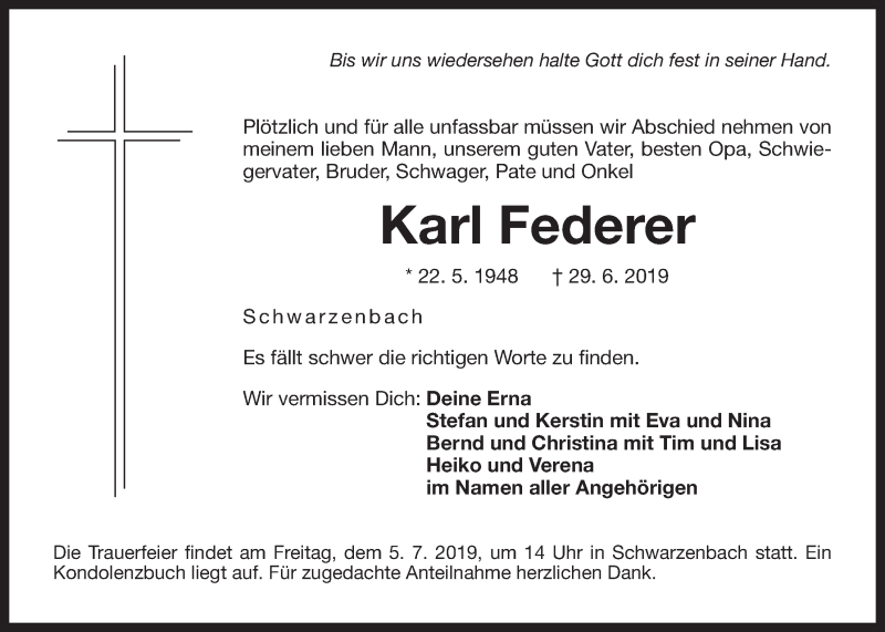  Traueranzeige für Karl Federer vom 03.07.2019 aus Der Bote